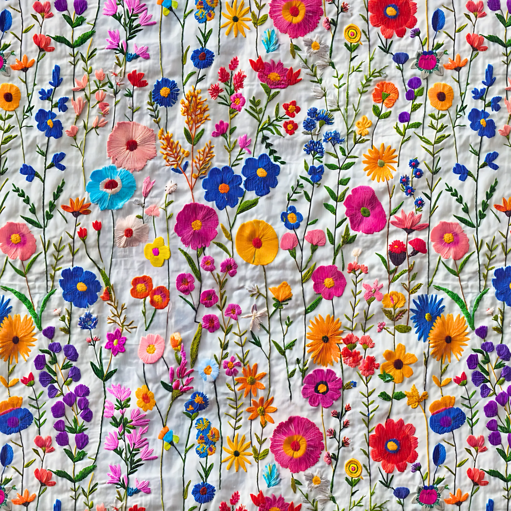 Bright Colorful Faux Embroidered Flowers on White Linen Area Rugs