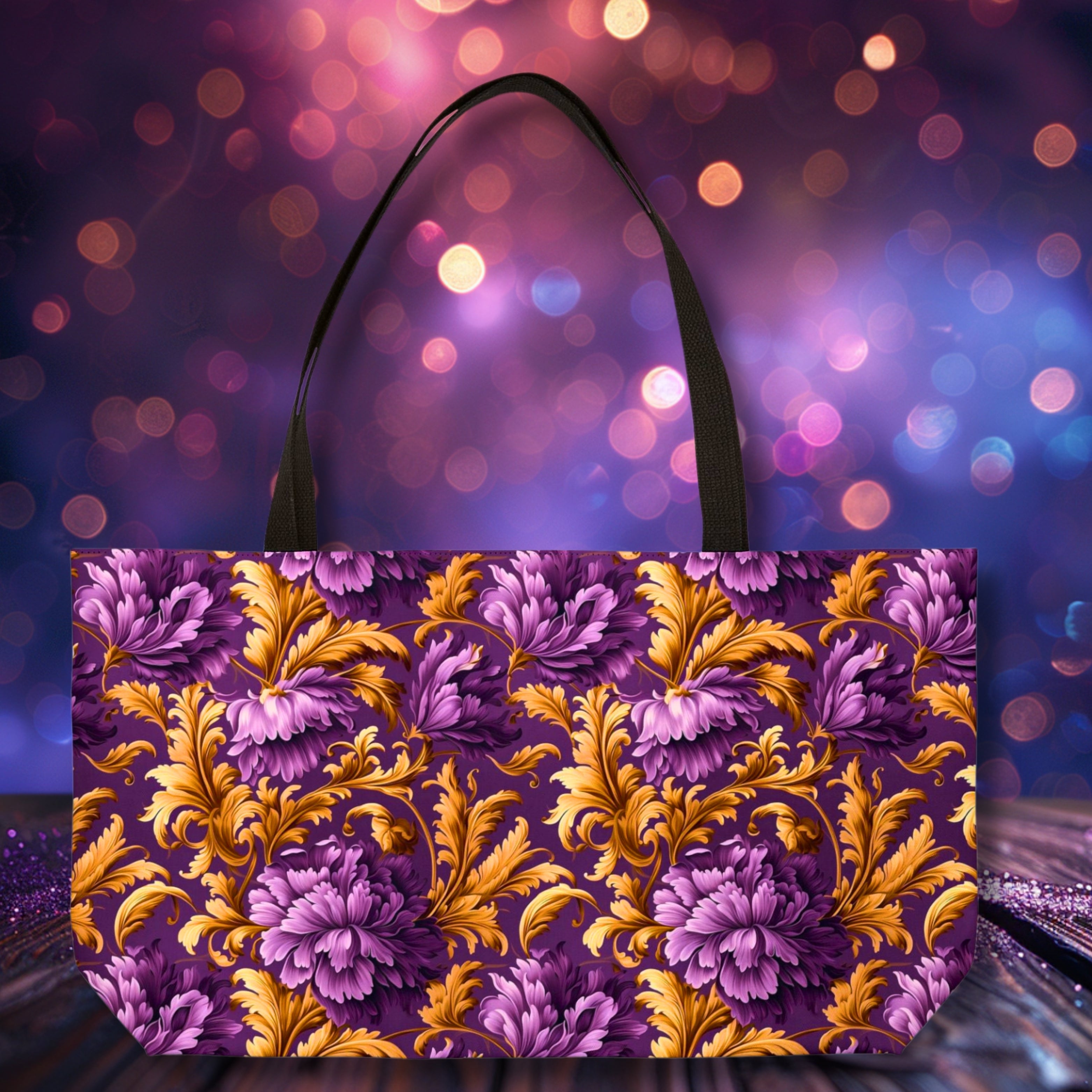 Rococo Floral Tote Bag: Stylish Purple & Gold Design