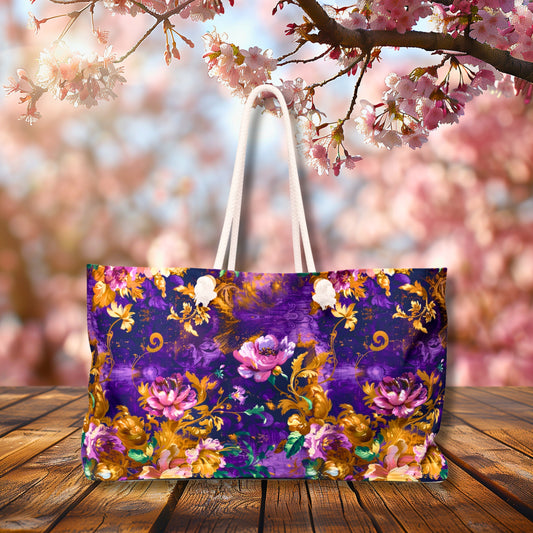 Abstract Flowers Deluxe Tote Bag – Purple, Pink, & Gold Beauty for Travel & More!