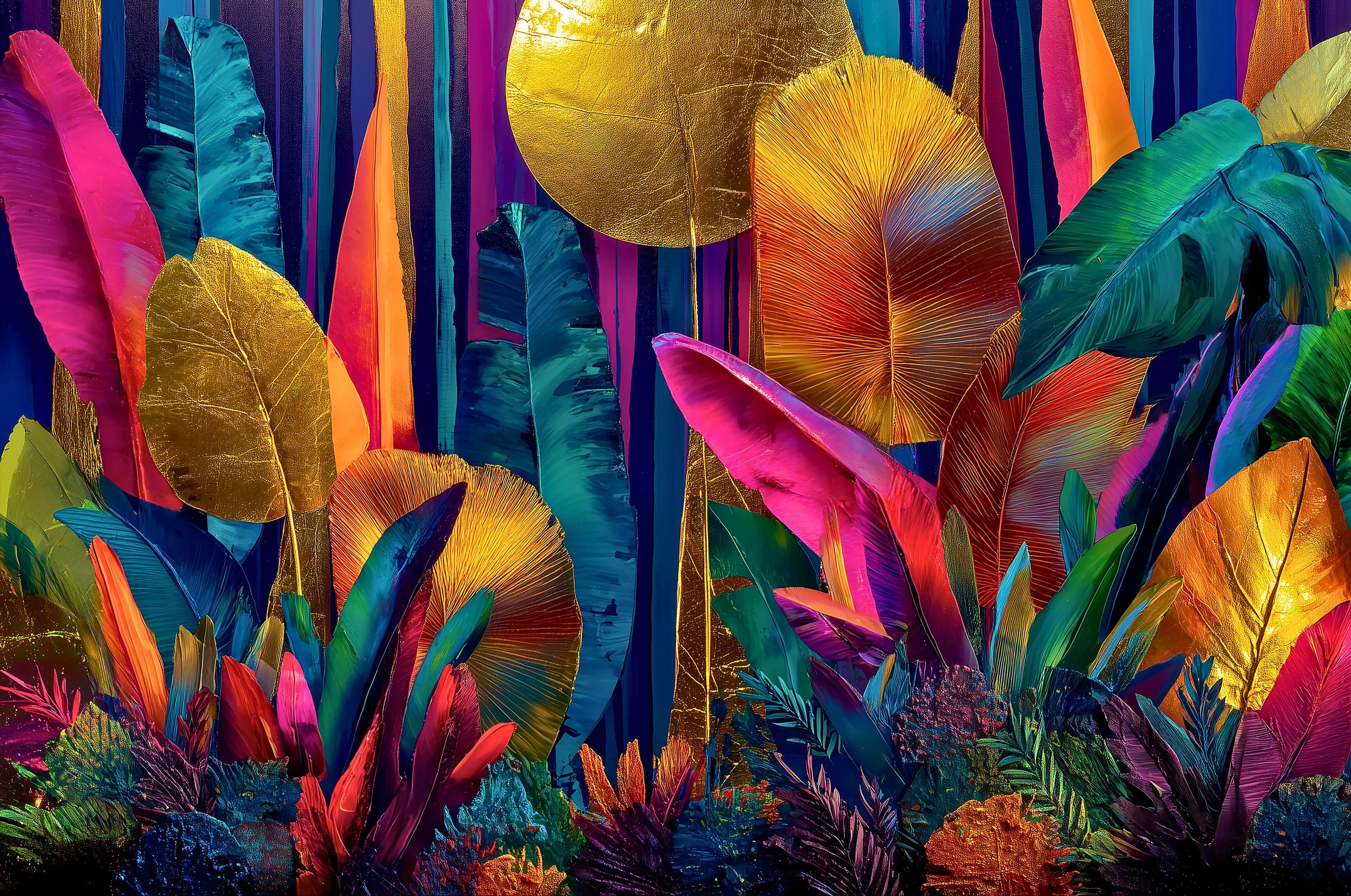 Colorful tropical plant illustration with vibrant leaves on a black background