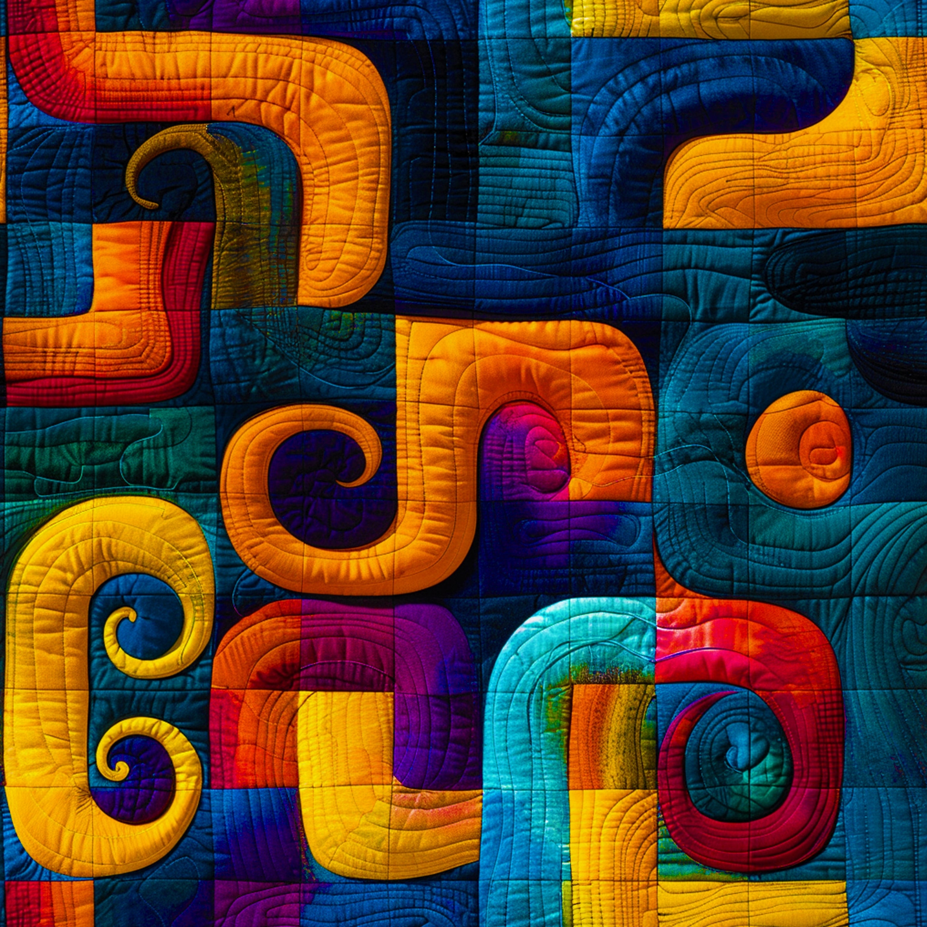 Colorful quilt with abstract patterns in various colors