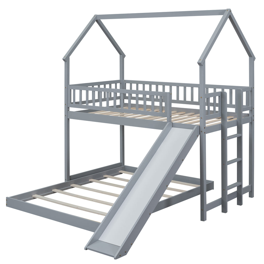 Bunk Bed Twin Size Gray, With Slide, Built-In Ladder, Guardrail, Pine Wood