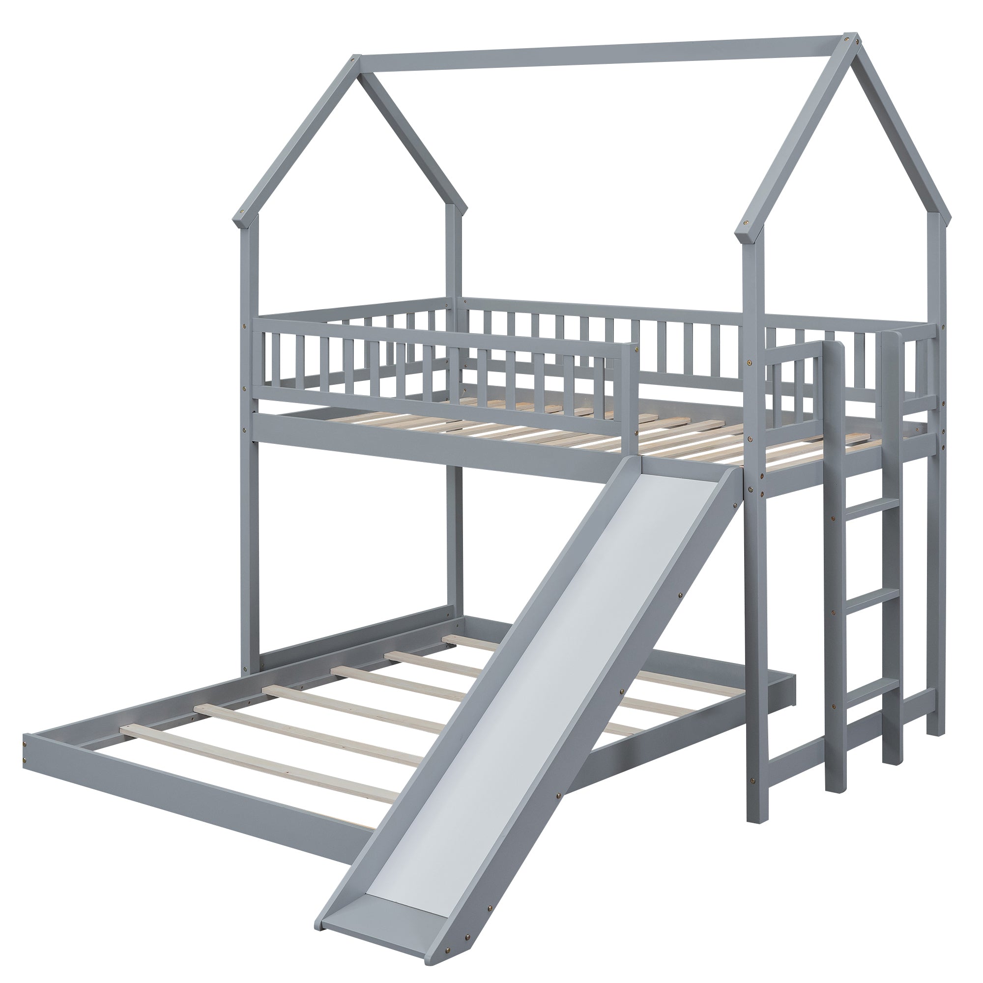 Bunk Bed Twin Size Gray, With Slide, Built-In Ladder, Guardrail, Pine Wood