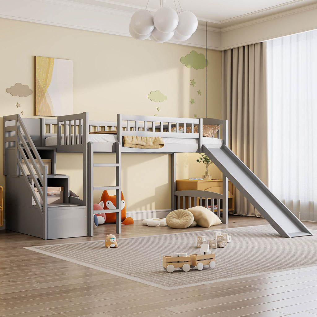 Loft Bed Twin Size, Gray, Stairway With Two Drawers And Slide, Solid Wood