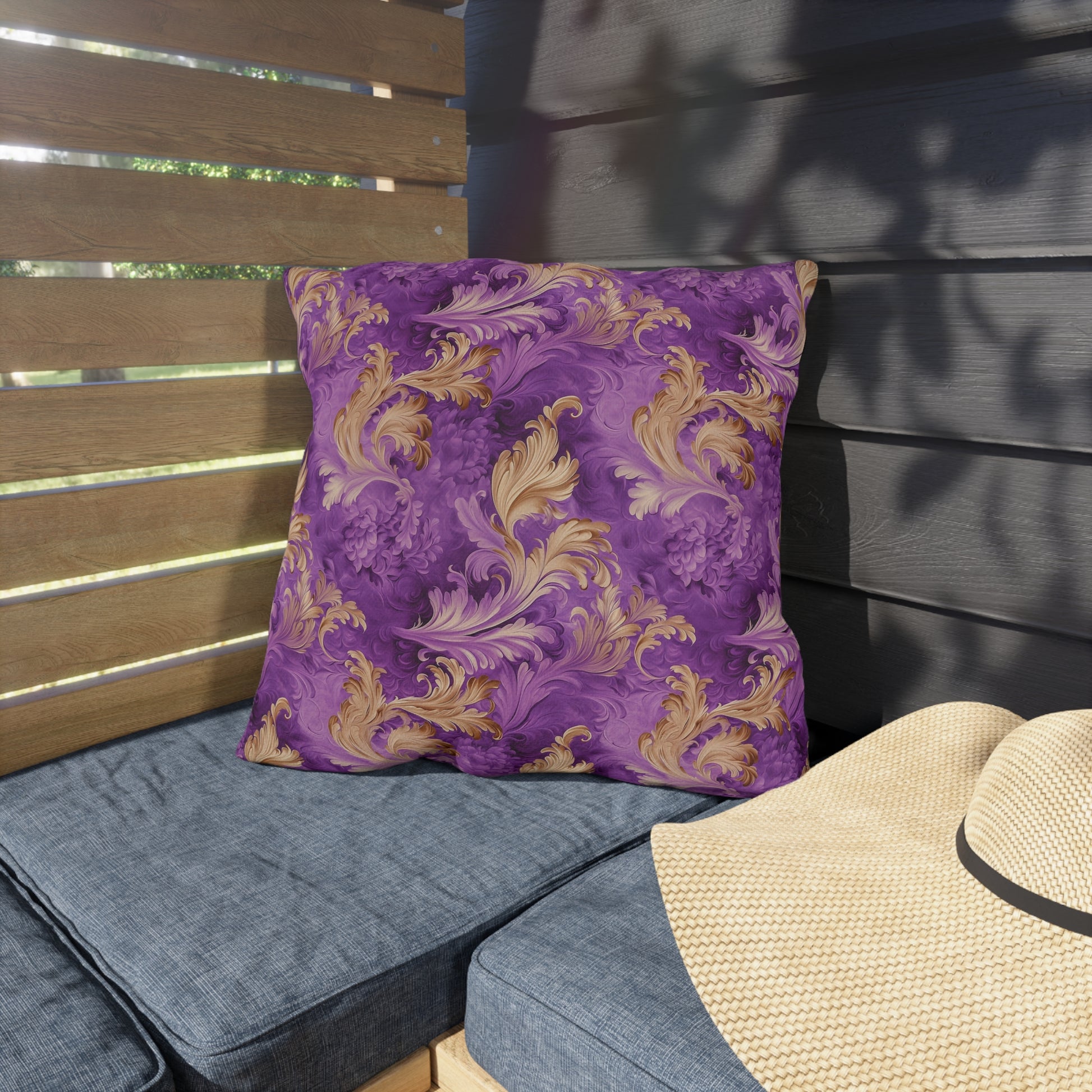 Durable Outdoor Pillow | Gold and Lavender Baroque Floral from The Curated Goose