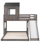 Bunk Bed Twin Size, Antique Gray, Playhouse, Ladder, Slide, Guardrails