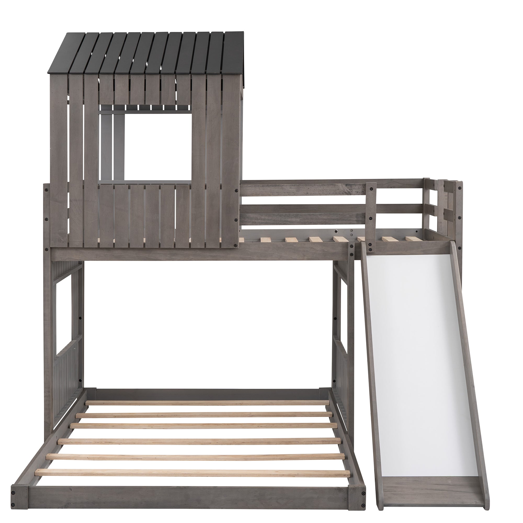 Bunk Bed Twin Size, Antique Gray, Playhouse, Ladder, Slide, Guardrails