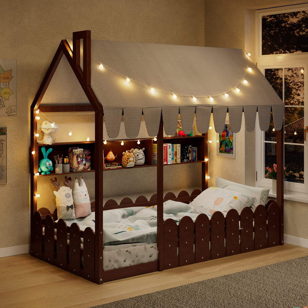 {Slats are not included} Twin Size Montessori House Bed for Kids, Floor Bed with Fence Railings, Tent, Lights & 3 Storage Shelves, Espresso