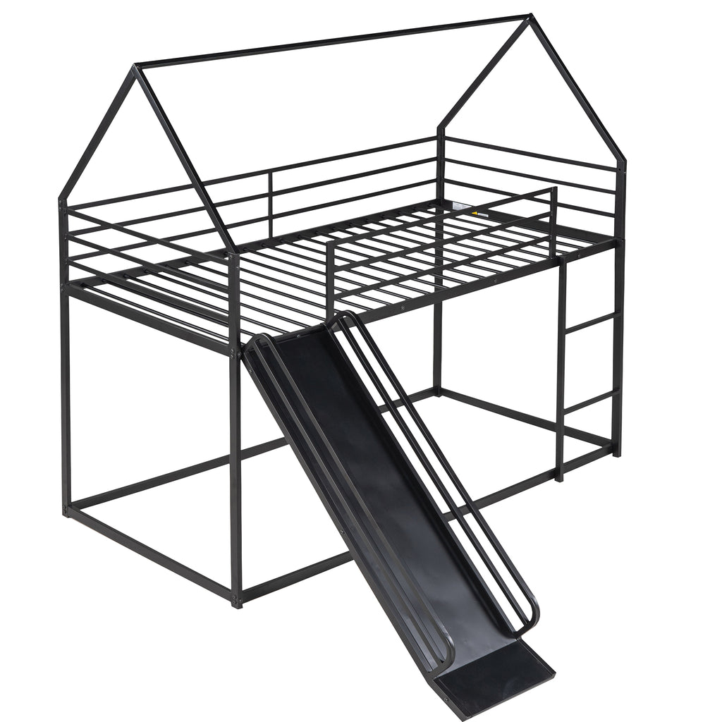 Zulah Twin over Twin House Bunk Bed with Ladder and Slide, Black