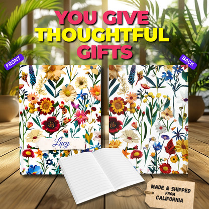 Custom Name Elegant Wildflowers Journal | Custom Floral Hardcover Notebook | Unique Gift for Her