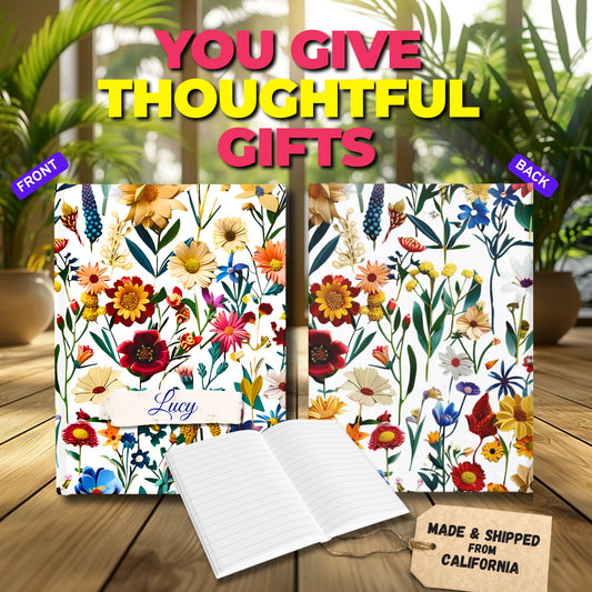 Custom Name Elegant Wildflowers Journal | Custom Floral Hardcover Notebook | Unique Gift for Her