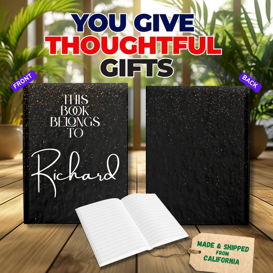 Custom Name Hardcover Journal – Black Sparkle Personalized Notebook