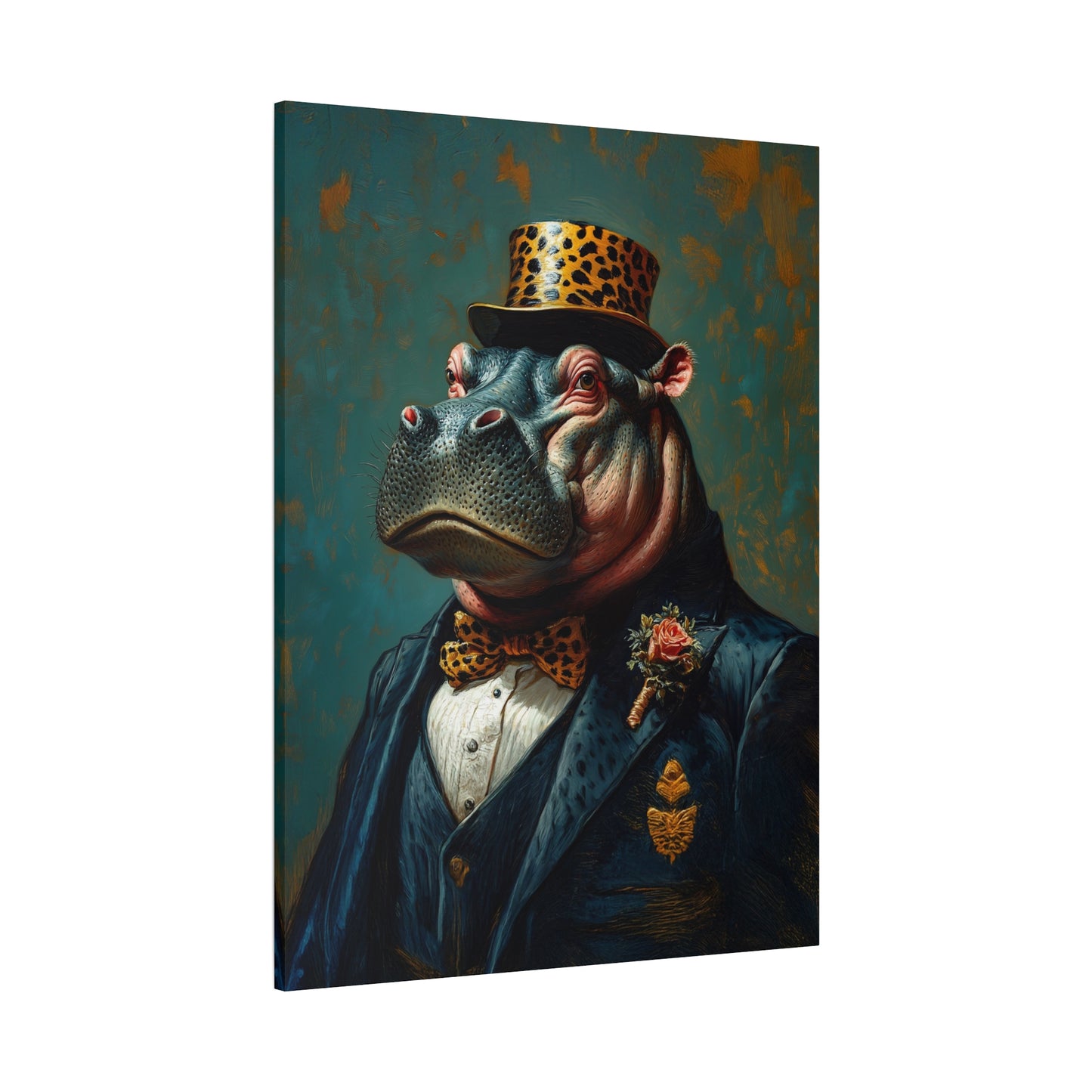 Dapper Hippo Canvas Art Print | Giclée Portrait of Hippo in Bow Tie & Top Hat | Whimsical Decor