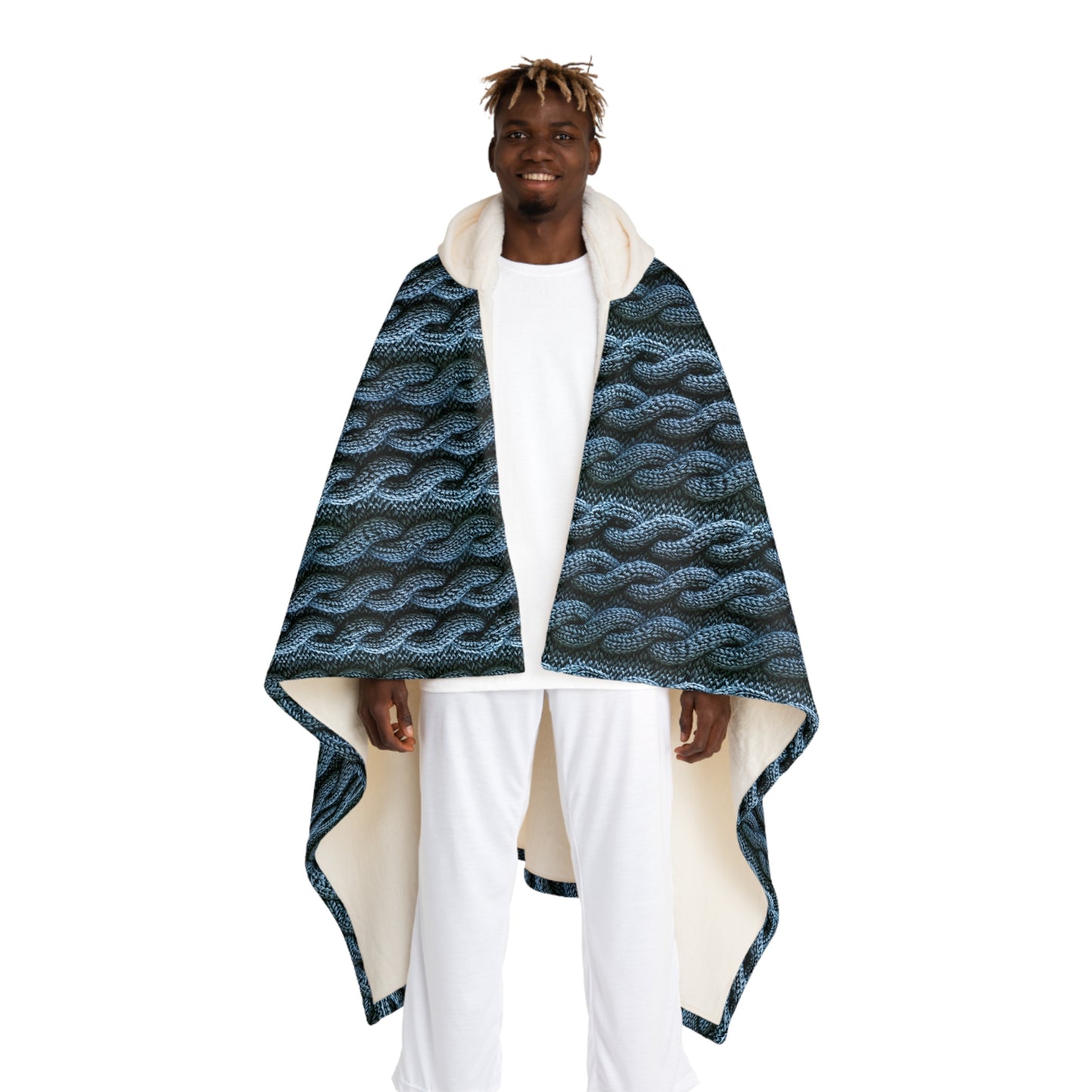 Faux Cable Knit Hooded Sherpa Blanket - Blue