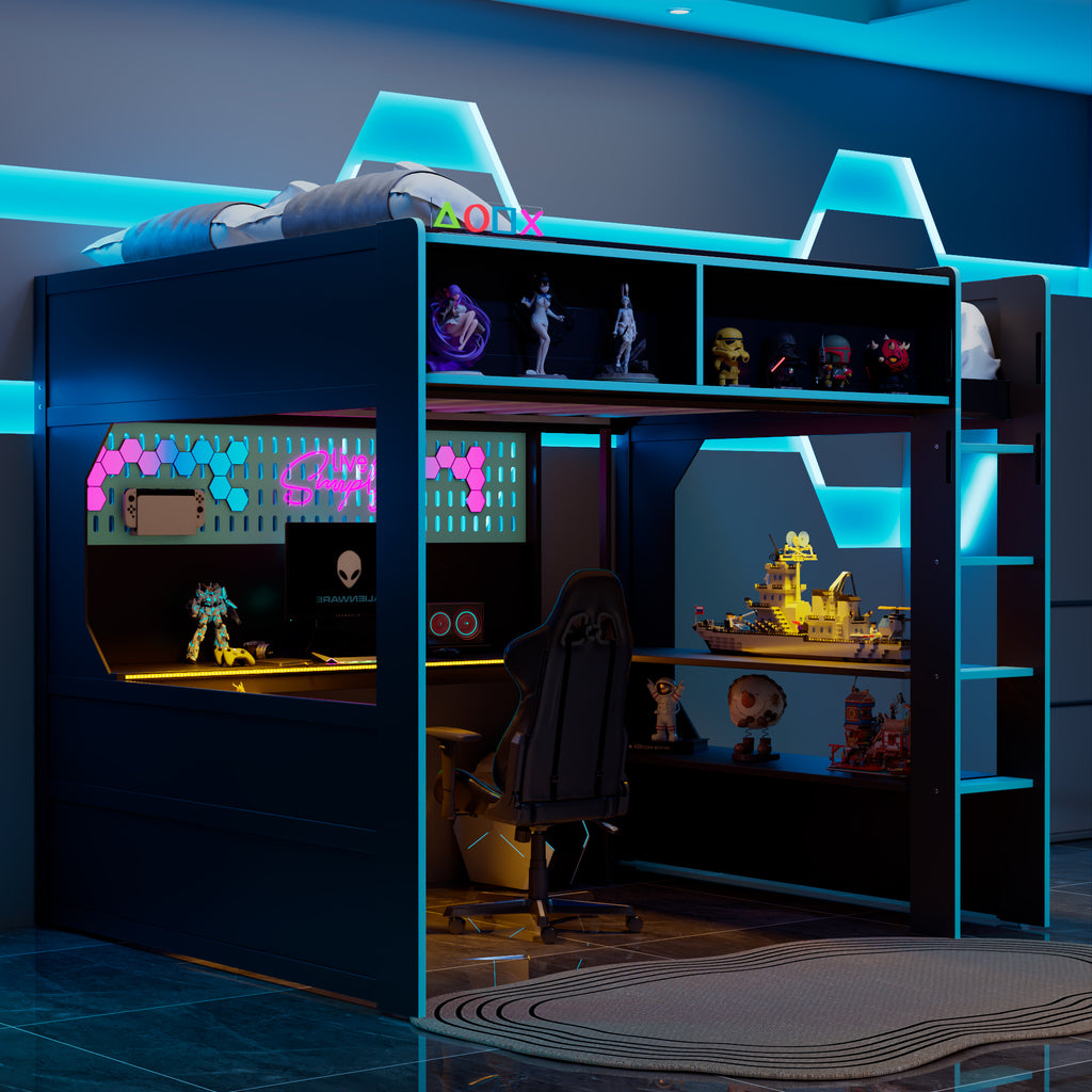 Loft Bed Full Size, Black Blue, Gaming Loft Bed With Desk And Lights