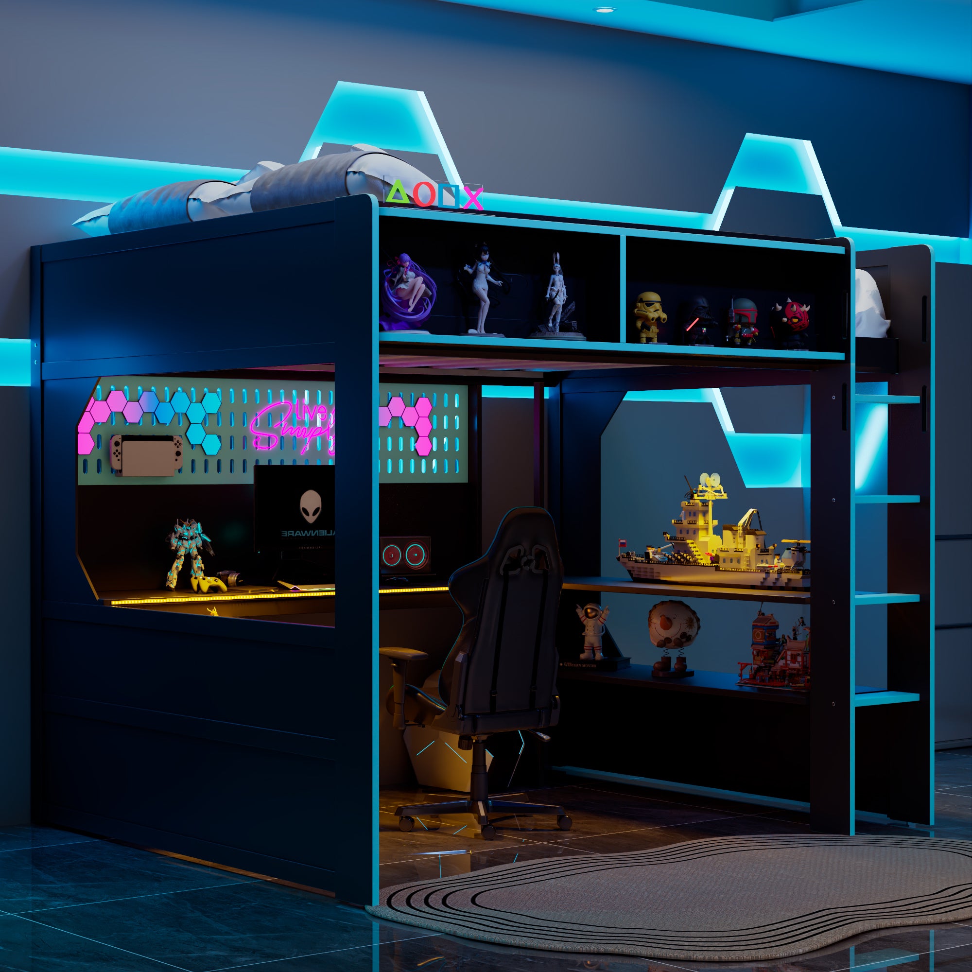 Loft Bed Full Size, Black Blue, Gaming Loft Bed With Desk And Lights