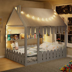 {Slats are not included} Full Size Montessori House Bed for Kids, Floor Bed with Fence Railings, Tent, Lights & 3 Storage Shelves, Gray