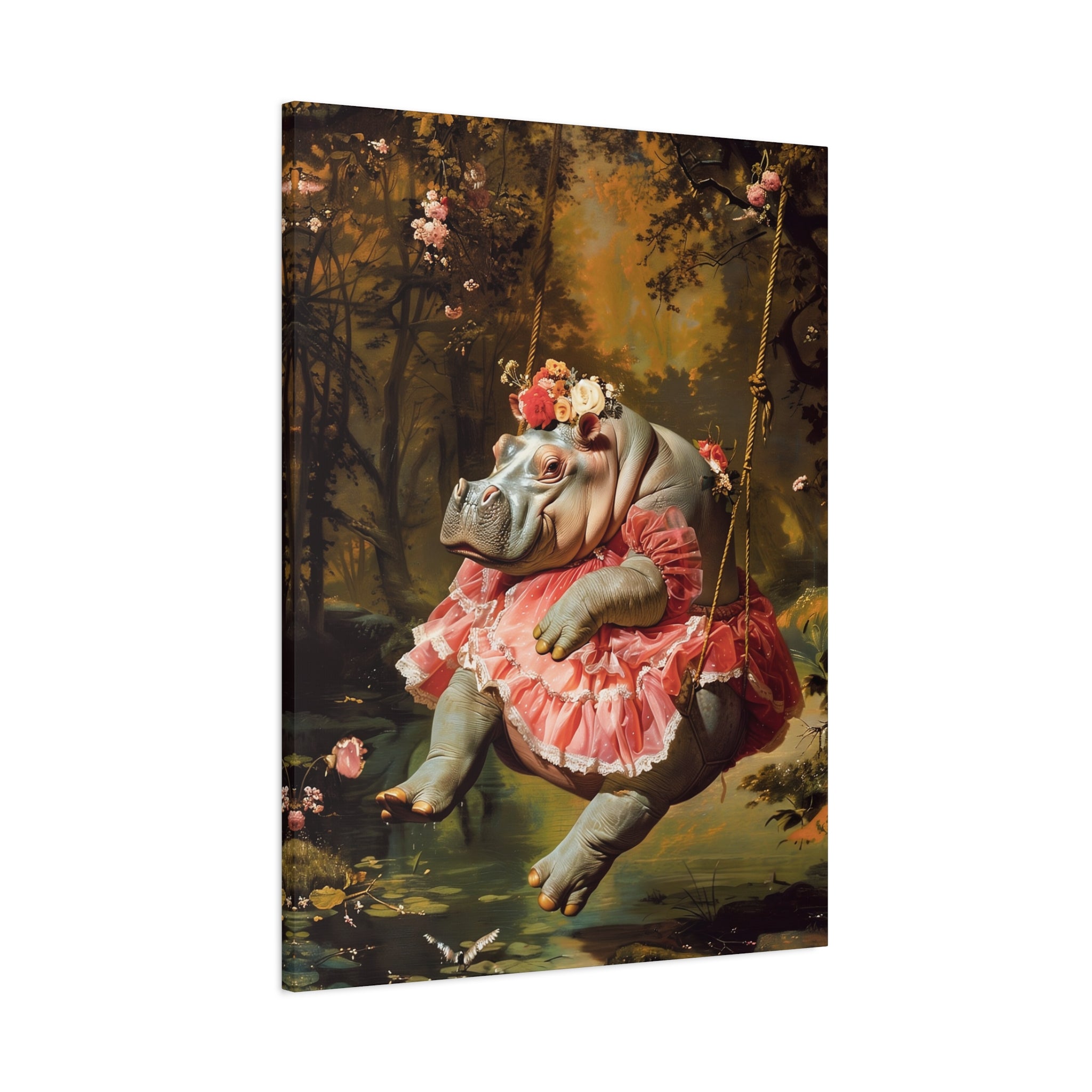 Lady Hippo on Swing Canvas Art Print | Rococo Style Art Stretched Canvas Print