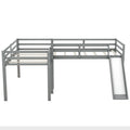 L-Shaped Twin Size Loft Bed with Ladder and Slide in Gray, Solid Pine Wood and MDF