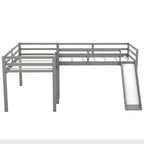L-Shaped Twin Size Loft Bed with Ladder and Slide in Gray, Solid Pine Wood and MDF