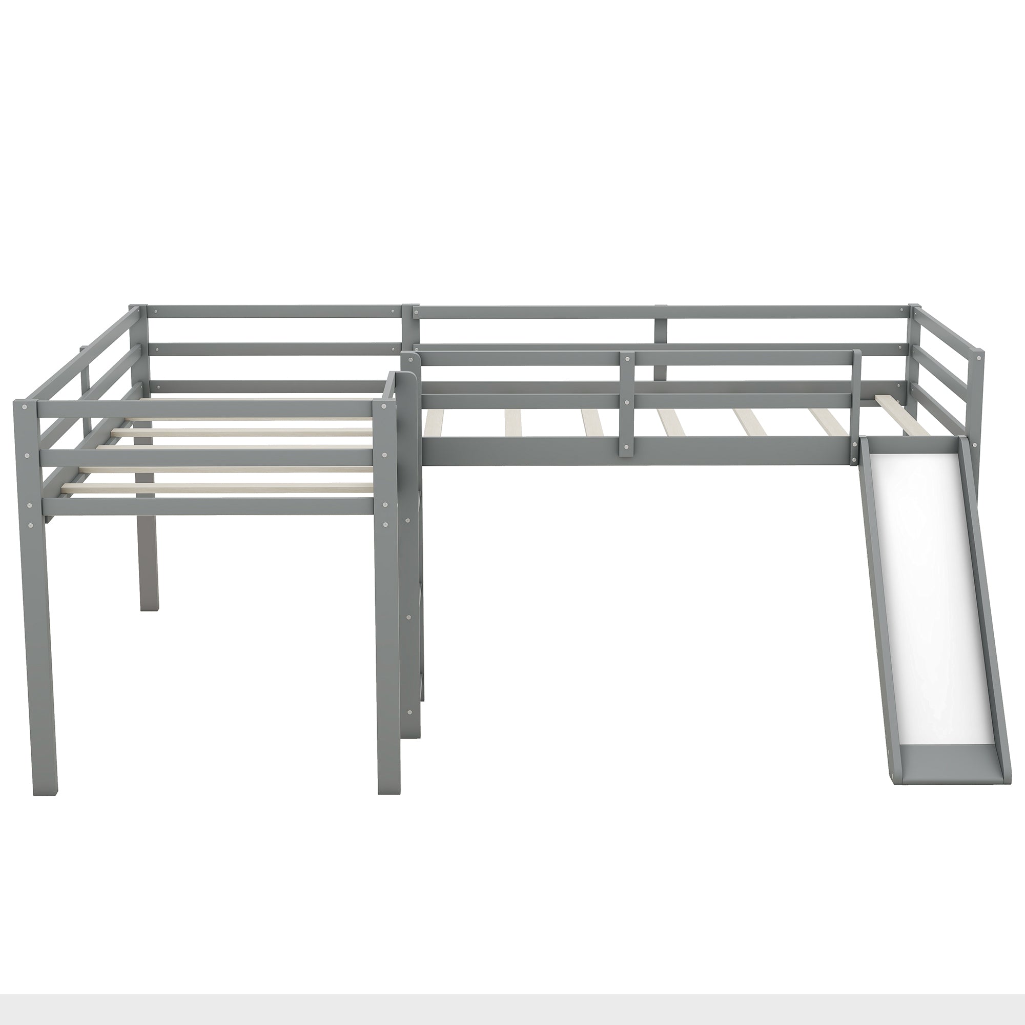 L-Shaped Twin Size Loft Bed with Ladder and Slide in Gray, Solid Pine Wood and MDF