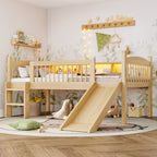 Twin XL Loft Bed with Storage Shelves, Solid Wood Lower Loft Bed with LED Lights and Full-length Guardrails, No Box Spring Needed,  Natural