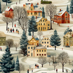 An illustrated winter village scene with houses and evergreens sprinkled. 
