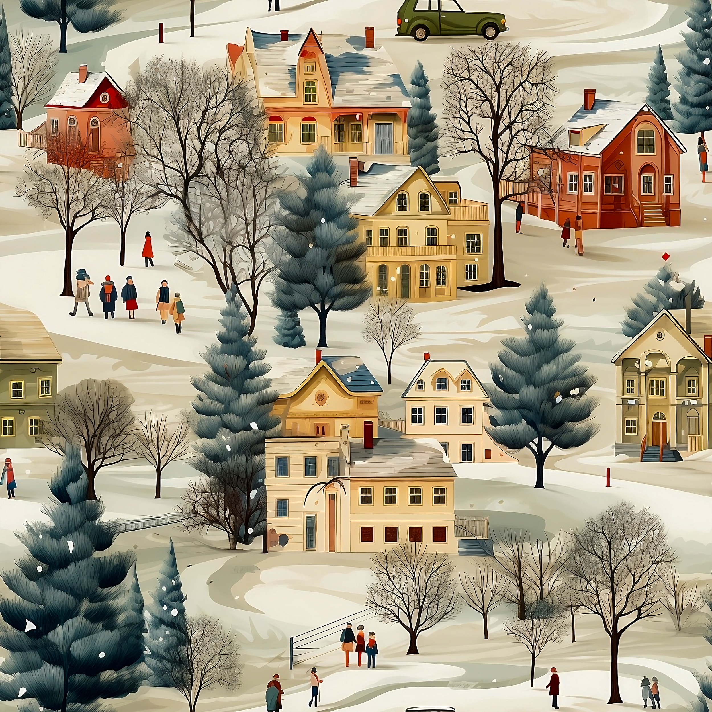 An illustrated winter village scene with houses and evergreens sprinkled. 