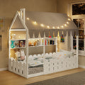 {Slats are not included} Twin Size Montessori House Bed for Kids, Floor Bed with Fence Railings, Tent, Lights & 3 Storage Shelves, White