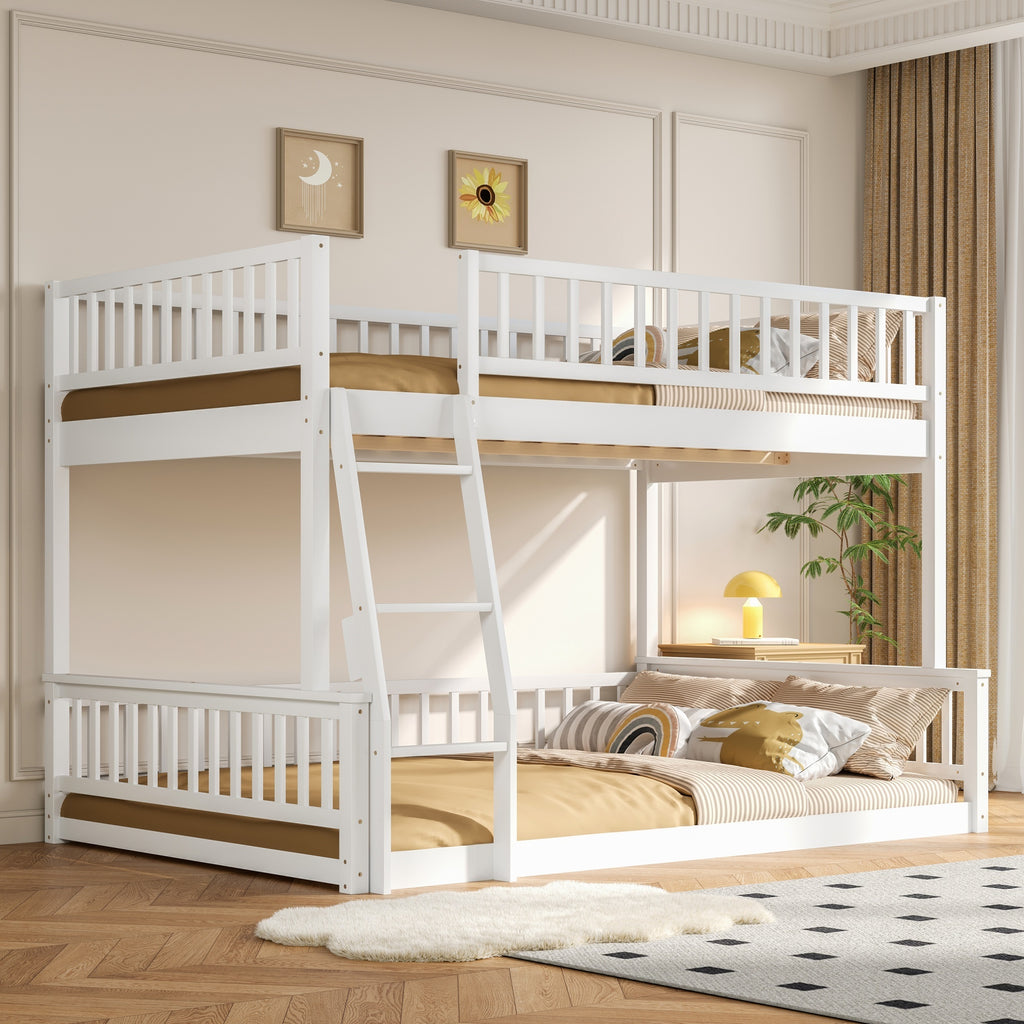 Bunk Bed Full XL Size Over Queen, White, With Ladder And Guardrails