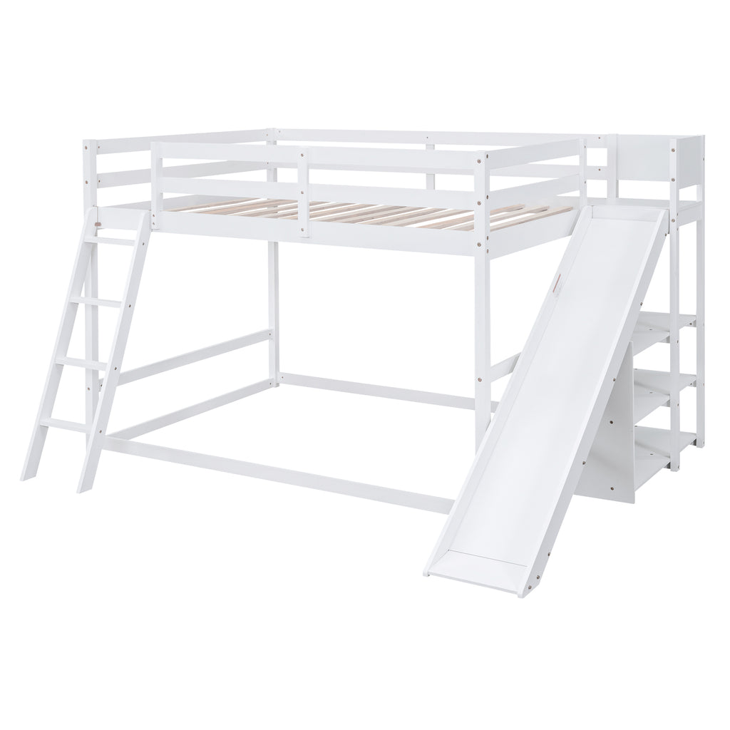 White Full Over Full Bunk Bed with Ladder, Slide, and Shelves - Pine Wood & MDF, 95.5''L x 76.7''W x 58.3''H