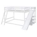 White Full Over Full Bunk Bed with Ladder, Slide, and Shelves - Pine Wood & MDF, 95.5''L x 76.7''W x 58.3''H