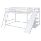 White Full Over Full Bunk Bed with Ladder, Slide, and Shelves - Pine Wood & MDF, 95.5''L x 76.7''W x 58.3''H