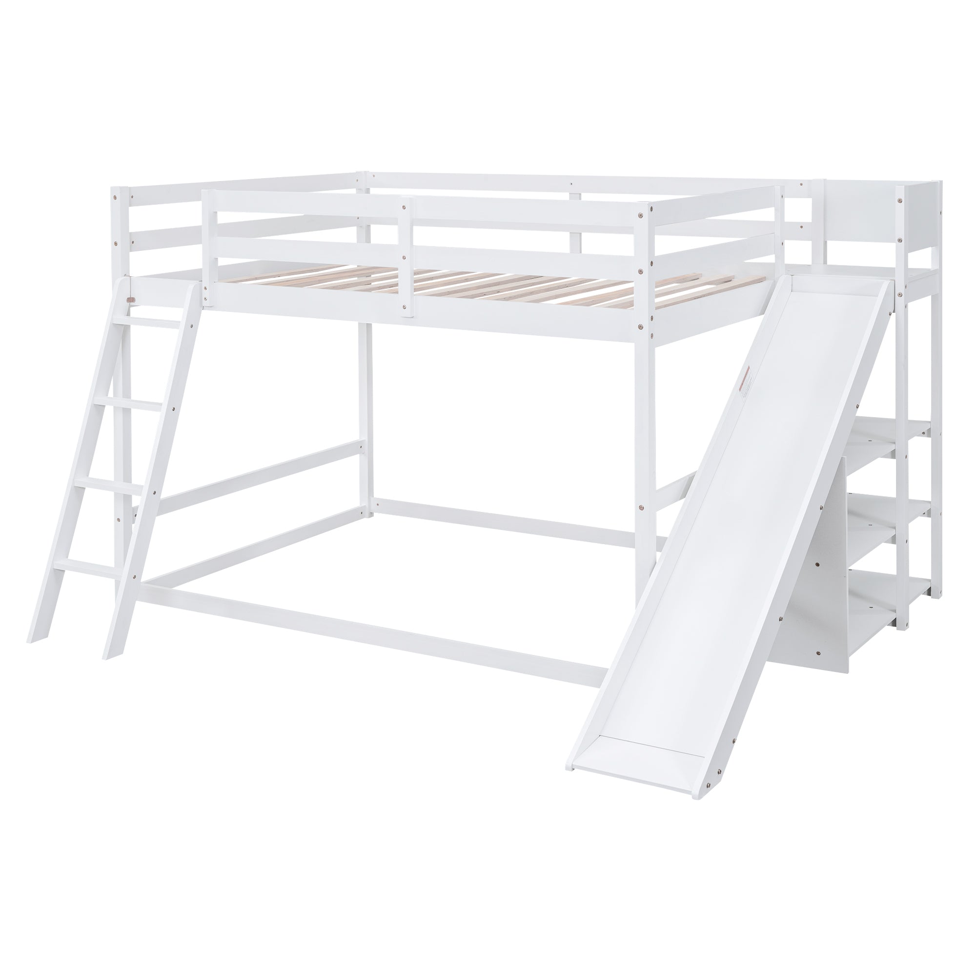 White Full Over Full Bunk Bed with Ladder, Slide, and Shelves - Pine Wood & MDF, 95.5''L x 76.7''W x 58.3''H