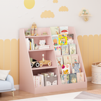 New Kids Bookshelf and Toy Storage Organizer, Multifunctional 4 Tier Wooden Kids Book Shelf with  Bookcase Display Stand in Kids Room Playroom Nursery for Kids, Children, Toddlers (Pink)