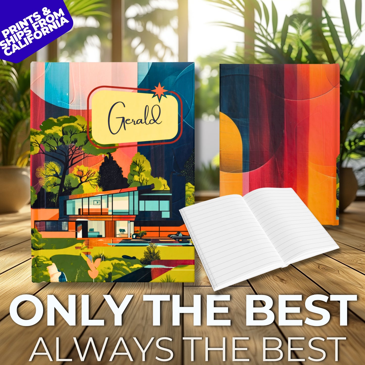 Custom Name Mid-Century Modern Hardcover Journal | Personalized Trendy 1960s Decor | Colorful Diary