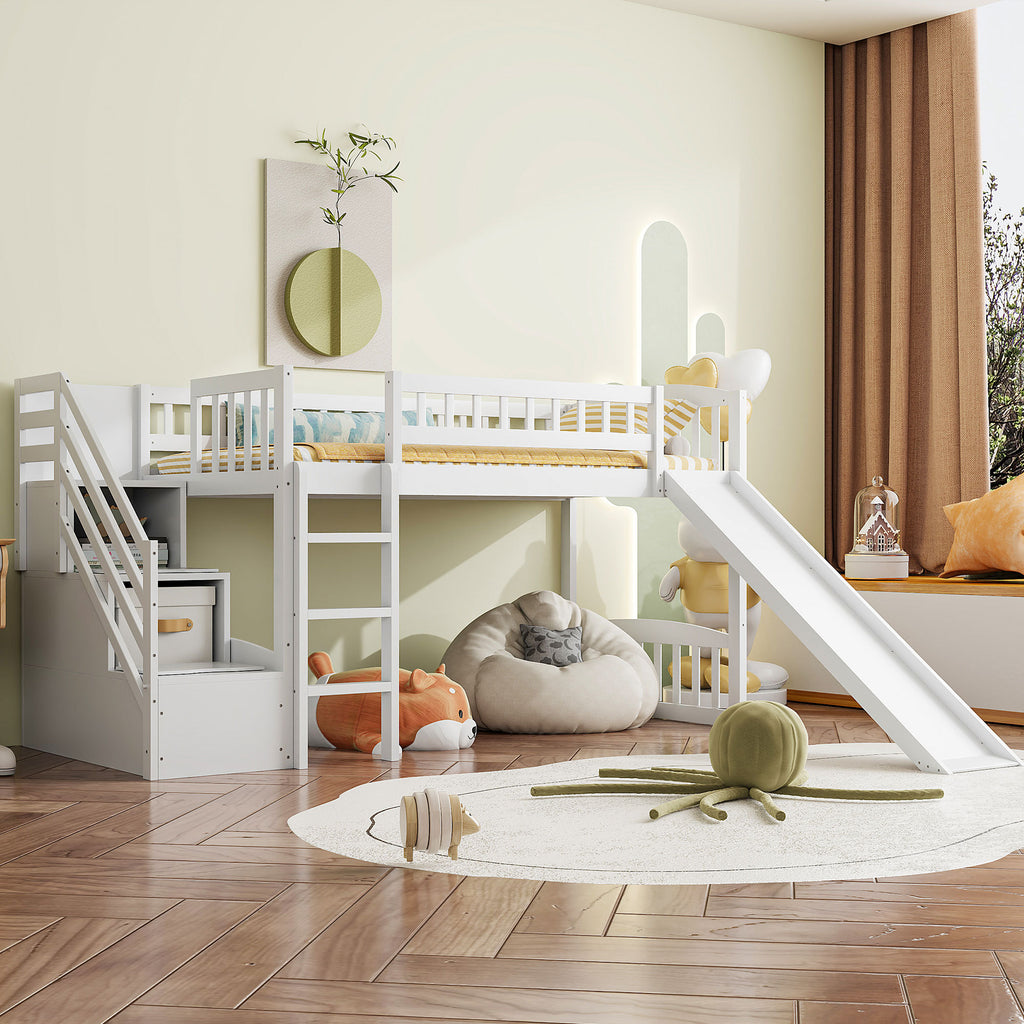 Loft Bed Twin Size White, Stairway, Two Drawers, Slide