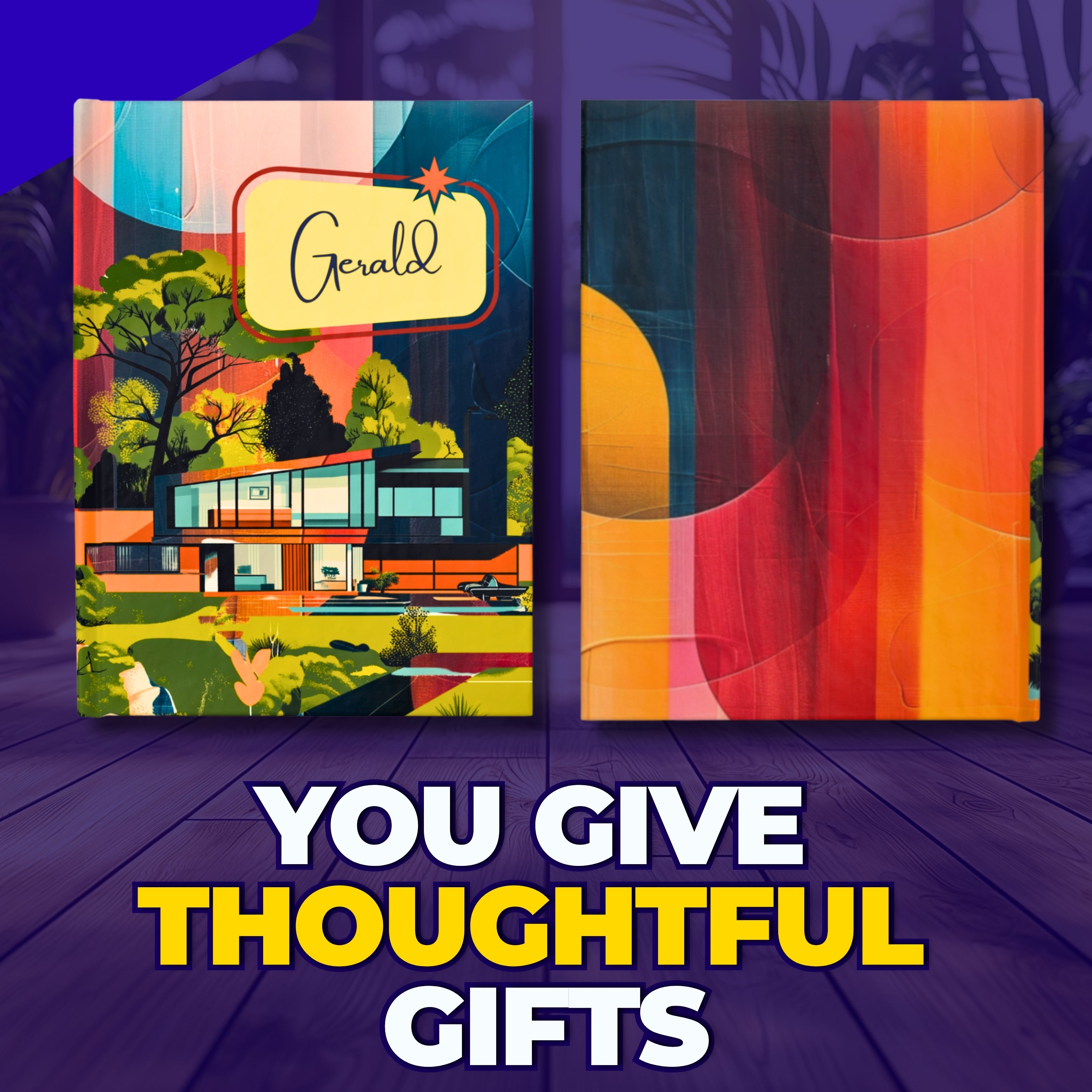 Custom Name Mid-Century Modern Hardcover Journal | Personalized Trendy 1960s Decor | Colorful Diary