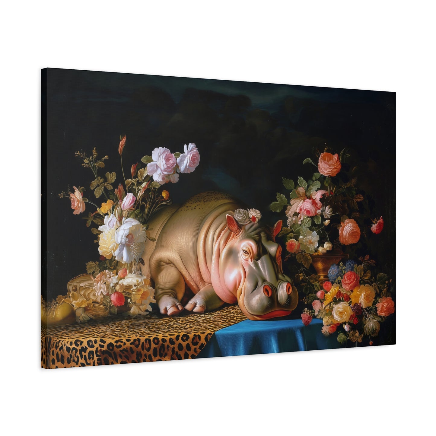 Whimsical Hippo Canvas Art, Tranquil Home Decor Fine Art Print, Animal Wall Art, Unique Gift, Floral Decor, Cheetah Print