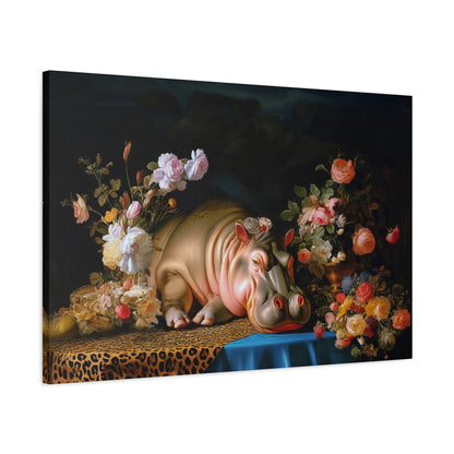 Whimsical Hippo Canvas Art, Tranquil Home Decor Fine Art Print, Animal Wall Art, Unique Gift, Floral Decor, Cheetah Print