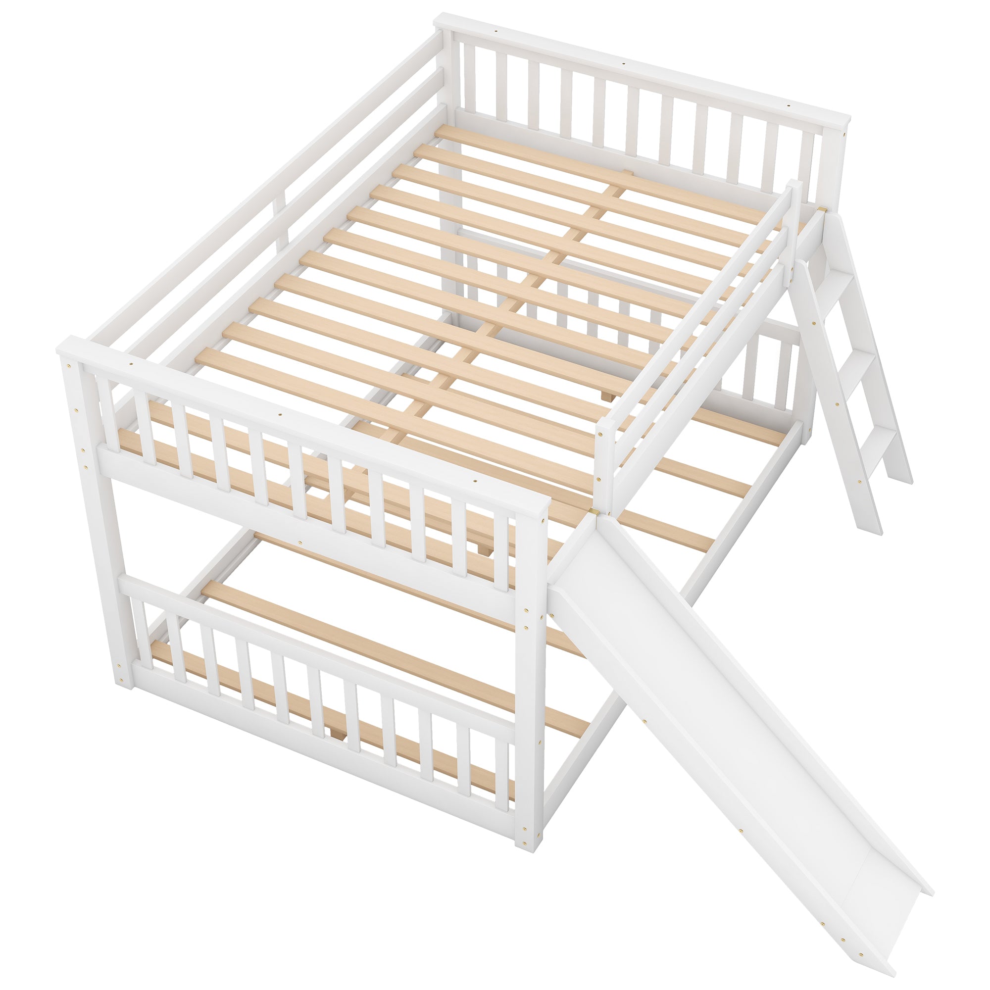 White Full over Full Bunk Bed with Convertible Slide and Ladder, Pine Wood, 79.1''L x 57.5''W x 49.4''H