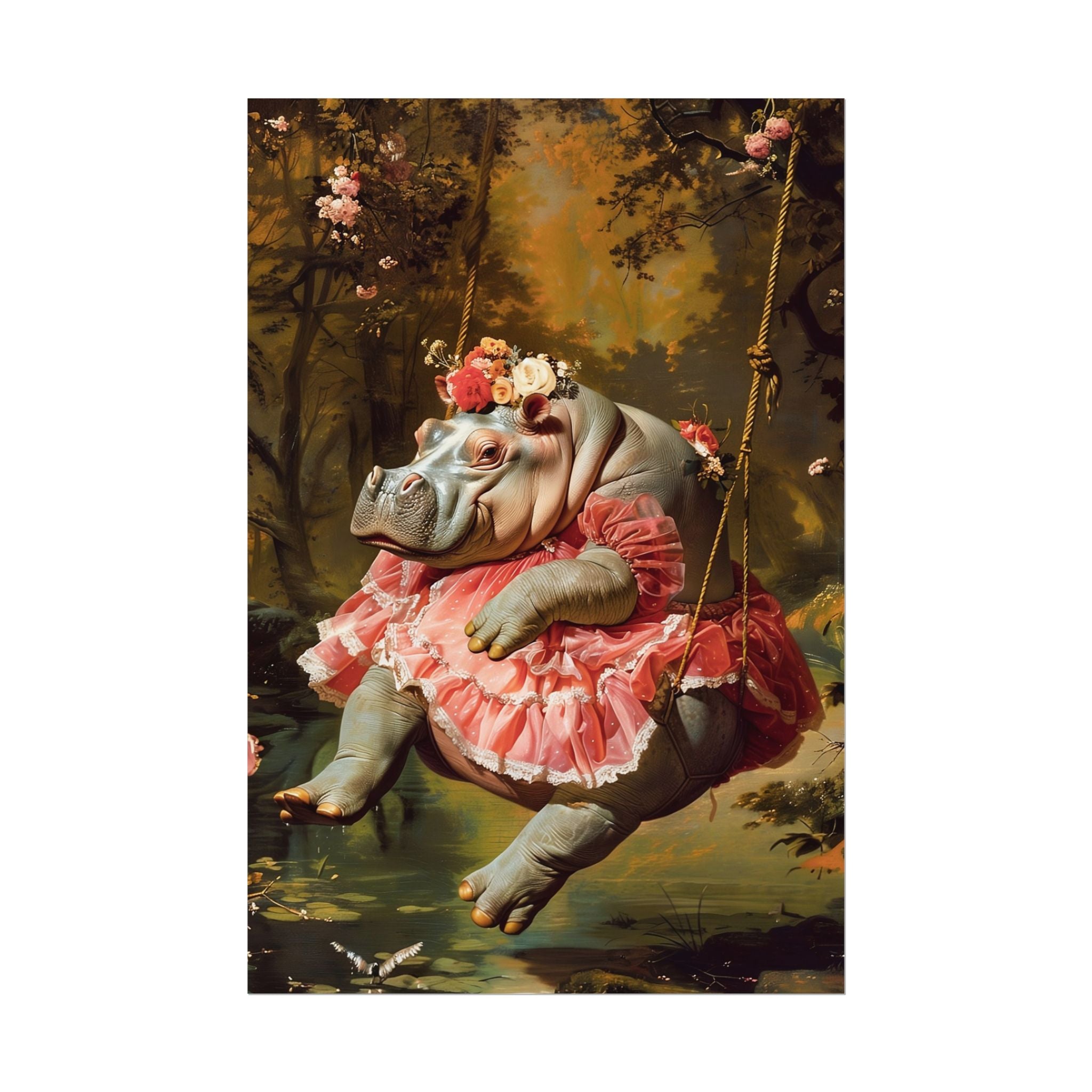 Lady Hippo on Swing | Rococo Style Fine Art Print (Rolled)