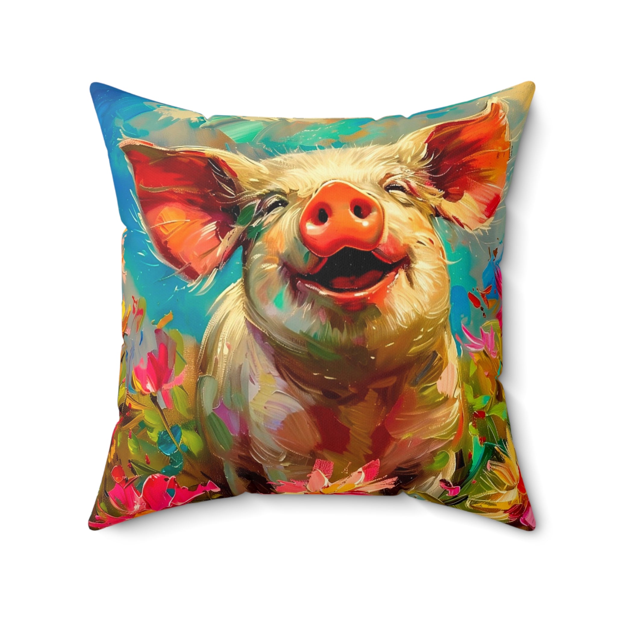 Faux Suede Square Pillow: Pig Art in Spring Flowers-Pig