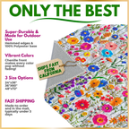 Floral table runner with promotional text about durability, color, size options, and shipping on a beige background.