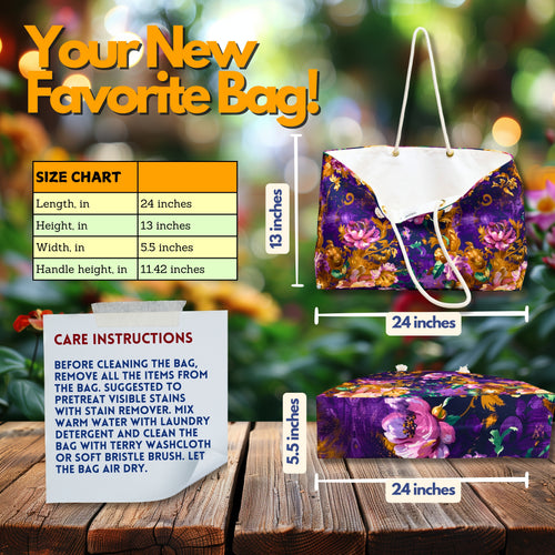 Abstract Flowers Deluxe Tote Bag – Purple, Pink, & Gold Beauty for Travel & More!