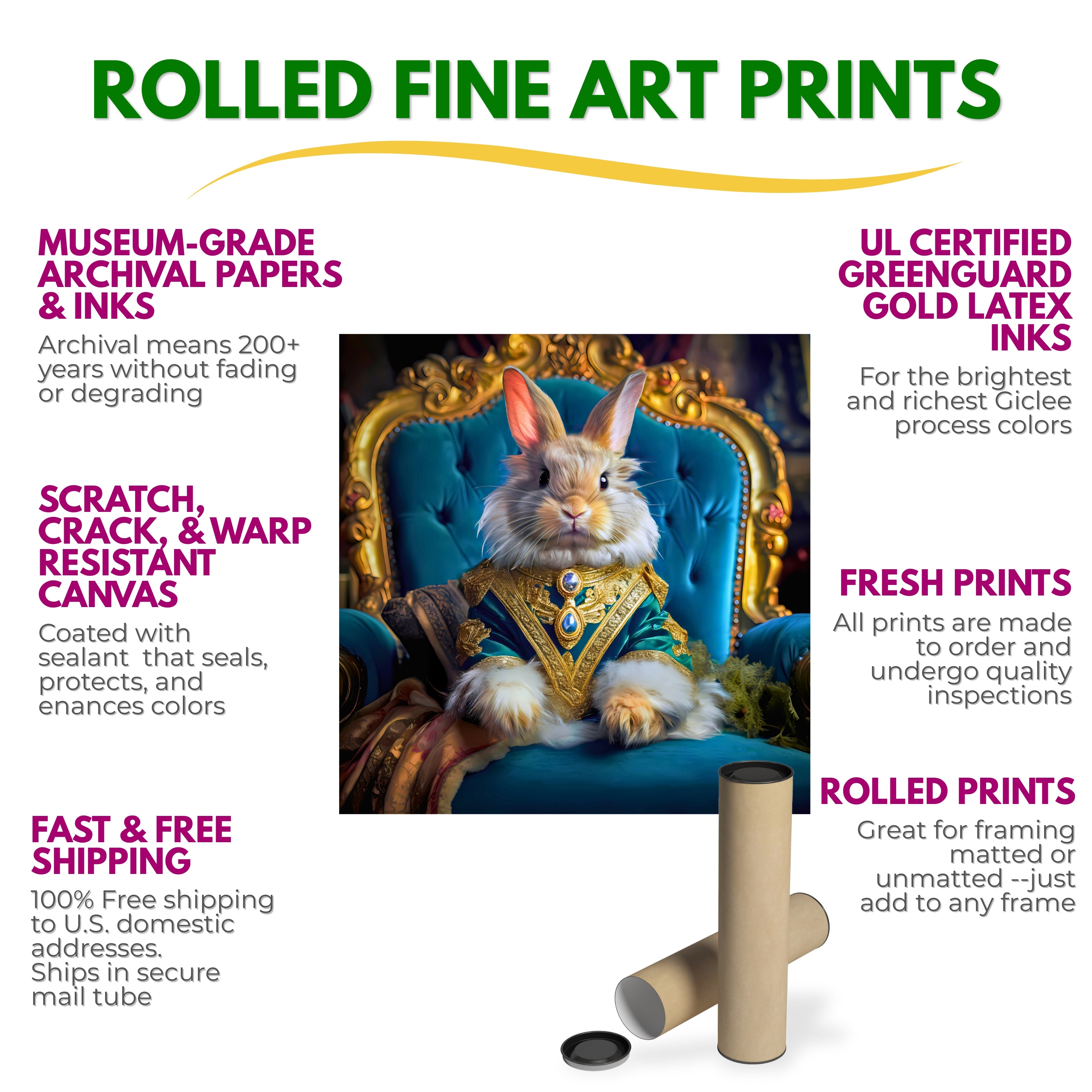 Advertisement for rolled fine art prints with a rabbit in a throne-like chair.