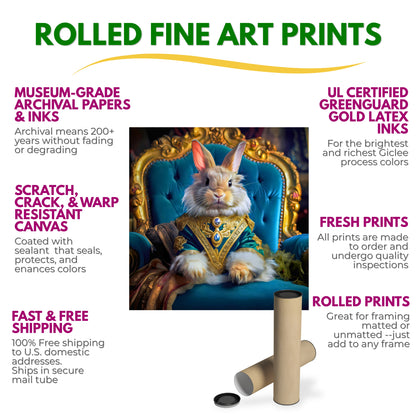 Advertisement for rolled fine art prints with a rabbit in a throne-like chair.