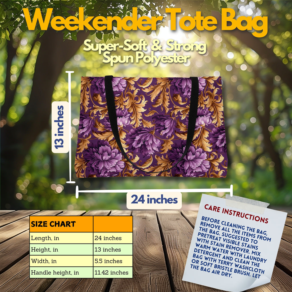 Rococo Floral Tote Bag: Stylish Purple & Gold Design