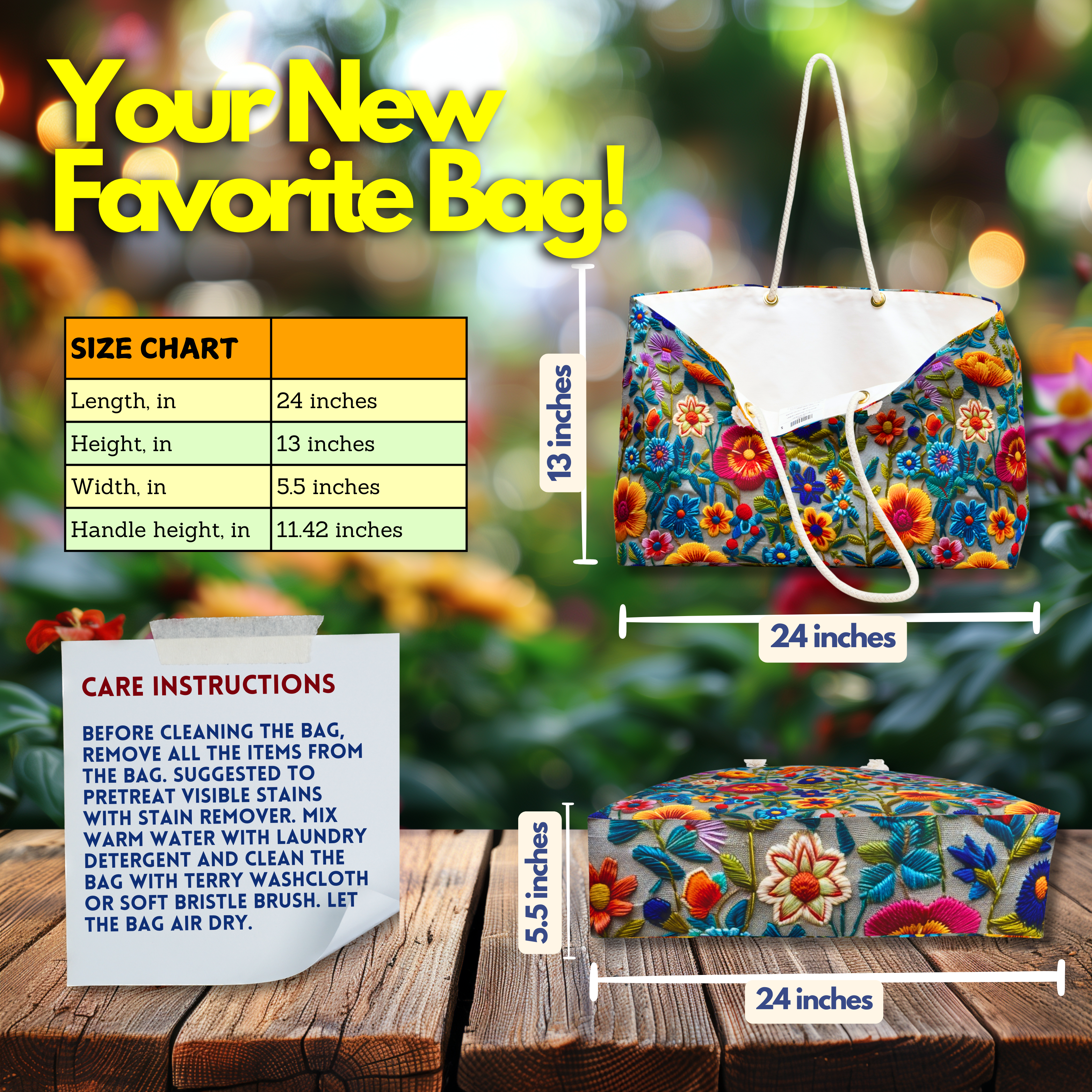 Faux Embroidery Tote Bag– Cheerful Floral Weekender Shopping Bag