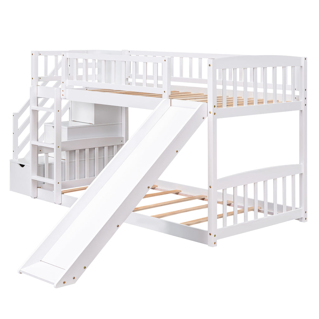 Twin over Twin Bunk Bed with Two Storages and Slide, White